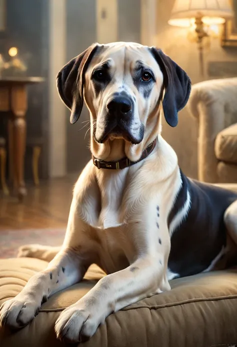 A cute great dane greets the viewer, Pierre＝Art by Auguste Renoir and Jeremy Mann, (Viewpoint angle:1.2), Realistic, Ray Tracing, Beautiful lighting,masterpiece,National Geographic,Emphasis on realism,Blurred Background