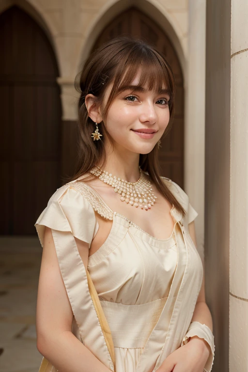 a beautiful girl, white natural skin, bangs hair style, masterpiece, textured skin, super detail, high details, high quality, 8k, wearing a beautiful dress, gentle smile
