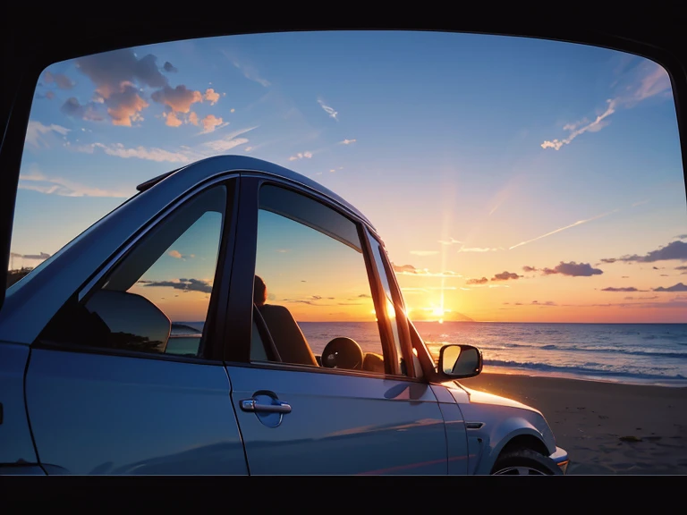 arafed view of a cars side mirror with a blue sky in the background, close up of side mirror, view of a beach with a car side mirror and a sunset, beautiful sunset reflected in side mirror. next to the reflecting ocean, view from behind mirror, during suns...