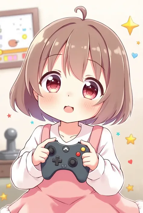 Create an adorable anime-style image of a cute  character with big, sparkling eyes and a sweet smile, asking ถ้าหนูอยากเล่นเกมกับพี่ ต้องทำยังไง? The character should have a slightly shy, curious expression while holding a game controller. She is wearing a...