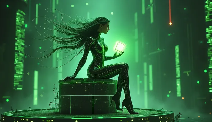 Goddess of Graphics and Computing
Pose: Hovering above a circuit board throne, holding a glowing green circuit board cube of computational energy.
Clothes: Shiny sexy black and green bodysuit with circuit-like patterns.
Details: Eyes glow electric green, h...