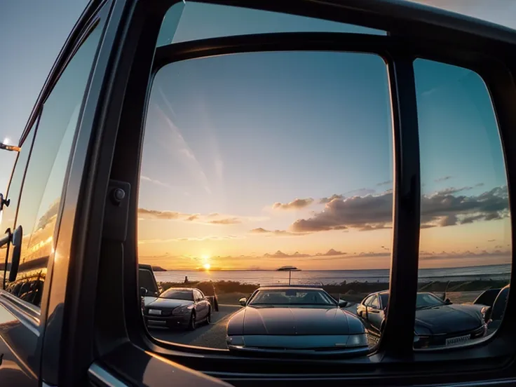 beautiful sunset reflected in side mirror. arafed view of a cars side mirror with a blue sky in the background, close up of side mirror, side mirror reflection, next to the reflecting ocean, view from behind mirror, during sunset, sunset reflected, inside ...