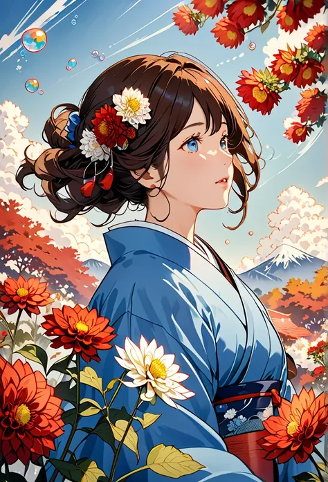 A woman with long brown hair、Wear a blue coat、Under the autumn sky、surrounded by dahlia flowers、High resolution, Anatomically correct, Texture Ukiyo-e, Soap bubbles flying、I don&#39;t draw hands、happiness/joy, 