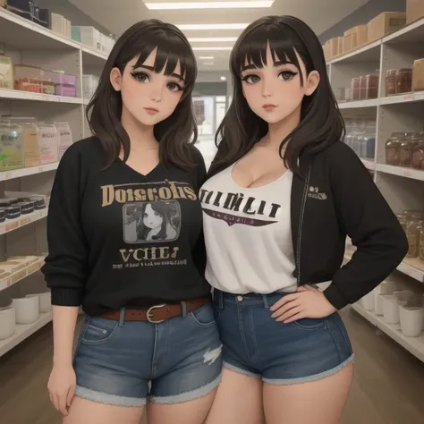 Two cute petite curvy chubby emo sisters, one with short hair and one with long hair, hair covering half face, one wearing glasses, beautiful detailed brown eyes, cutely detailed lips, extremely cute detailed eyes and face, busty, voluptuous breasts, deep ...