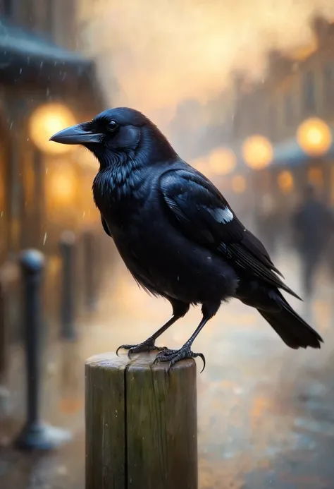 A cute crow greets the viewer, Pierre＝Art by Auguste Renoir and Jeremy Mann, (Viewpoint angle:1.2), Realistic, Ray Tracing, Beautiful lighting,masterpiece,National Geographic,Emphasis on realism,Blurred Background