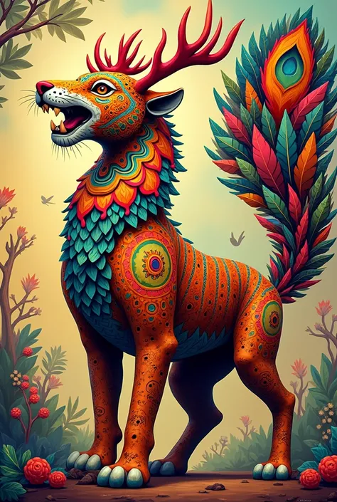 Mexican alebrije drawing with dragon wings, tiger head with deer antlers, puma paws and feathered peacock tail