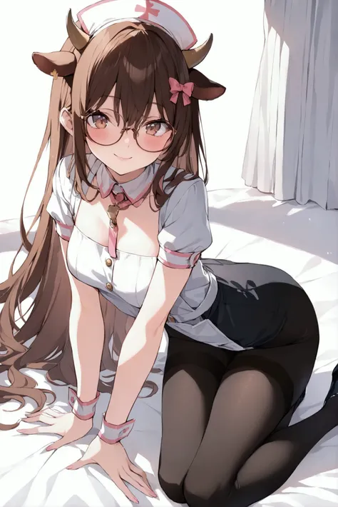 ((masterpiece、Best Quality)) Girl、Young、Medium chest、cute、Idol、Brown Hair、Brown eyes、Cow Cosplay、Cow horn、smile、cuteポーズ、nurse、White nurse uniform、Black tights、High heels、Overall thin、Glasses