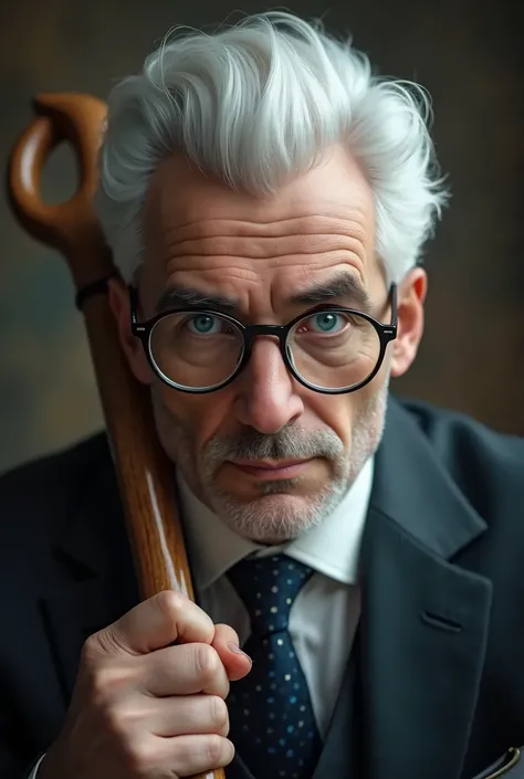 Handsome man with white center-parted hair, round clear glasses, blue eyes, holding a stick