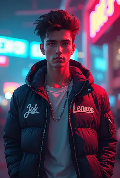 youngster , handsome, , with Youtube background, with a gamer style jacket and that on his jacket says Jack Lennon 