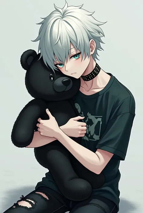 Toshiro hitsugaya wearing emo clothes hugging a black teddy bear 