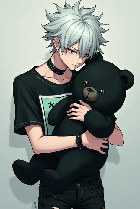 Toshiro hitsugaya wearing emo clothes hugging a black teddy bear 