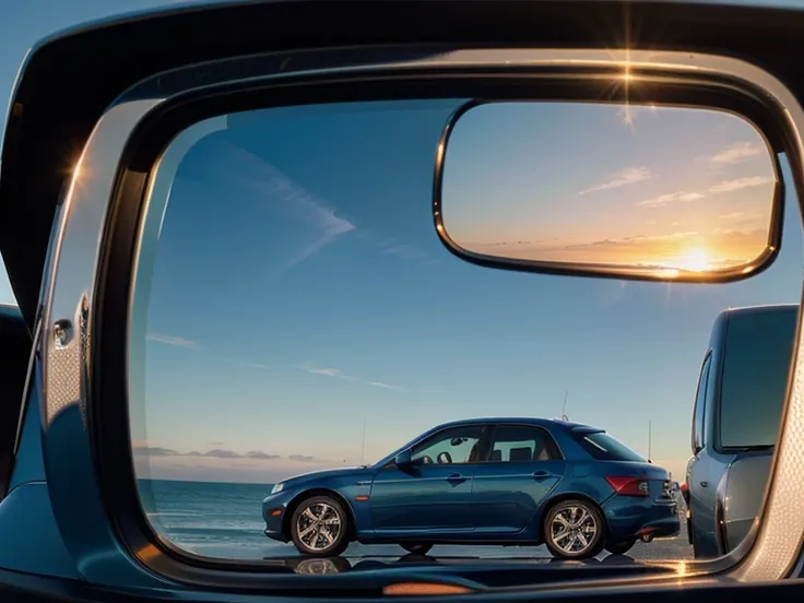 1 small side mirror, beautiful sunset reflected in side mirror. arafed view of a cars side mirror with a blue sky in the background, side mirror reflection. next to the reflecting ocean, sunset reflected, twilight photo, summer setting, blue sky in backgro...