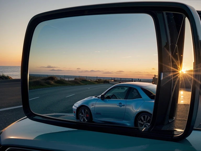 1 small side mirror, beautiful sunset reflected in side mirror. arafed view of a cars side mirror with a blue sky in the background, side mirror reflection. next to the reflecting ocean, sunset reflected, twilight photo, summer setting, blue sky in backgro...