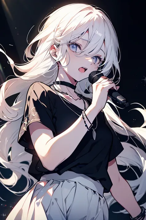 White Hair、Long eyelashes、Long Hair、sing、Open Mouth、Black T-shirt、Short sleeve、necklace、bracelet、dance、cool、beautiful