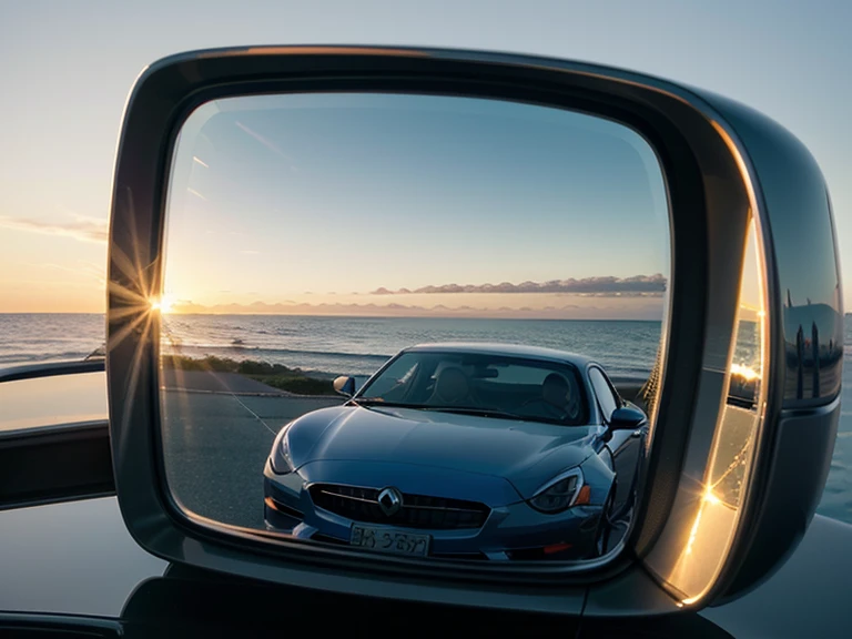 1 small side mirror, beautiful sunset reflected in side mirror. side mirror with a blue sky in the background, side mirror reflection. next to the reflecting ocean, sunset reflected, twilight photo, summer setting, blue sky in background, amazing view, mar...