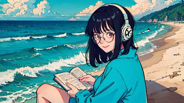 anime　girl　Black Hair　Glasses　focus　smile　coastal　Reading a book on the beach　Headphones　Swimwear　Blue Sea