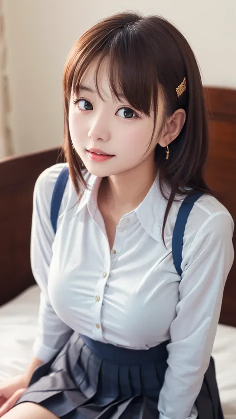 sfw, 1girl,  masterpiece, highly detailed, absurdres, high quality, (aichan:1.5), neat and beautiful girl, beautiful detailed eyes, brown Semilong hair, layered hair, fluffy hair, bangs, glossy lips, pleated skirt, school uniform, shirt, Sitting with Knees...