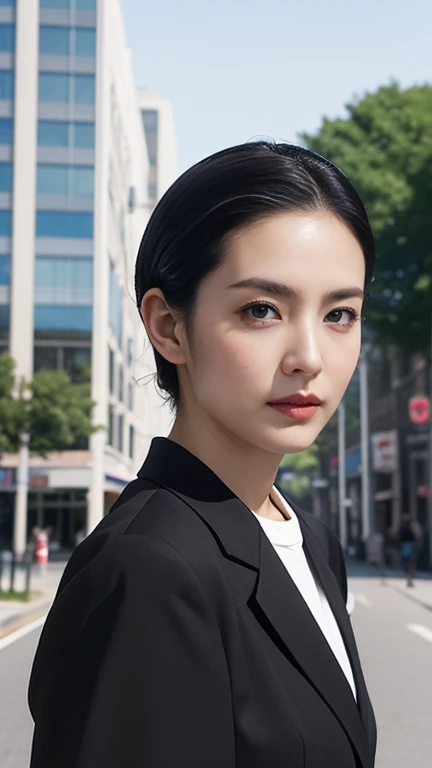 woman、criminal、age 35、((((black slicked-back medium-length hair)))), police station in the background、suit、slanted eyes、beauty、h...