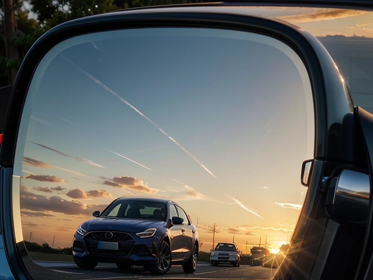 1 small side mirror, beautiful sunset reflected in side mirror. view of a side mirror with a blue sky in the background, side mirror reflection. summer setting, sunset reflected, clear view, twilight photo, hdr photo