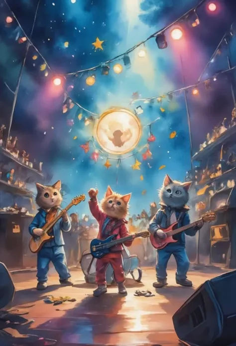 Cute cat rock band, Cute cats playing musical instruments, Electric Guitar, bass, drum, Energetic performance, Little paws pluck the strings, Fluffy fur, Colorful stage lights, Lively atmosphere, Playful expression, Punk rock style, Spiked collar, Bright c...