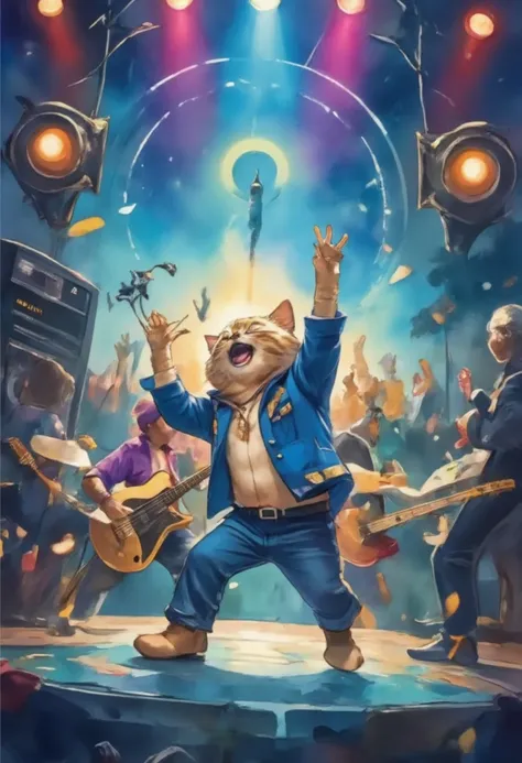 Cute cat rock band, Cute cats playing musical instruments, Electric Guitar, bass, drum, Energetic performance, Little paws pluck the strings, Fluffy fur, Colorful stage lights, Lively atmosphere, Playful expression, Punk rock style, Spiked collar, Bright c...