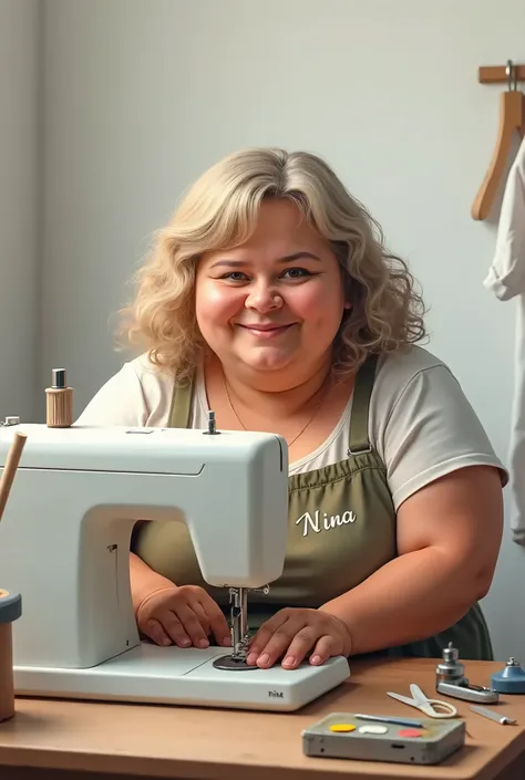 Drawing of a chubby Brazilian woman seamstress in the studio with a white sewing machine, medium curly hair, loose blondes and small eyes. With an apron with the name NINA. White background only on the wall. 
