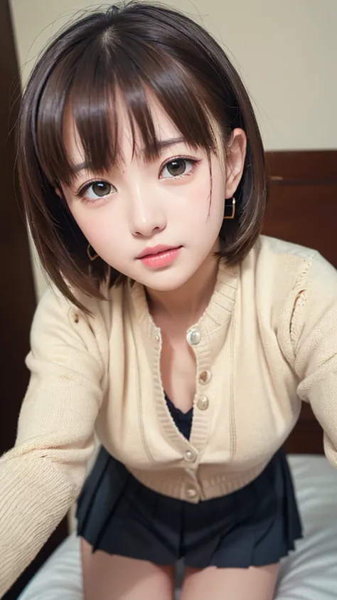 sfw, 1girl,  masterpiece, highly detailed, absurdres, high quality, (aichan:1.5), neat and beautiful girl, beautiful detailed eyes, brown Semilong hair, layered hair, fluffy hair, bangs, glossy lips, (shirt over Light beige cardigan top), (sdenim Dark Brow...