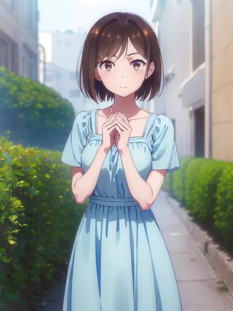 ((light blue summer dress)), (Long Bob, bangs, Brown Hair),(whole body:1.5,standing:1.5,low angel),mizuharachizuru, Chizuru Ichinose, solo woman, (Brown eyes:1.5), smile,outdoors, crowd,looking at viewer, (masterpiece:1.2), Best Quality, High resolution, U...