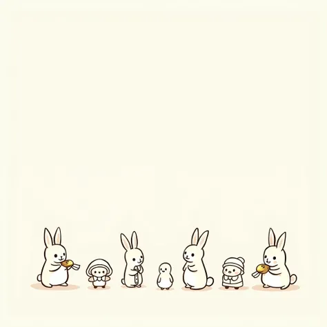 Create minimalistic line art illustrations inspired by Sylvanian Families. The characters should be anthropomorphic animals such as rabbits, foxes, and penguins, depicted in a simple, continuous line drawing style. The design should capture the charm and i...