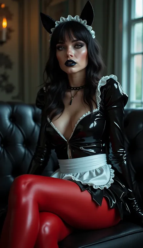 femme, latex, brillant, soumise, attitude soumise, longue robe soubrette latex noir, tablier latex blanc, collant latex rouge marron, escarpins en vinyle noir, maquillage noir yeux, bouche bleu brillant, visage expression méchante, fond pièce gothique.