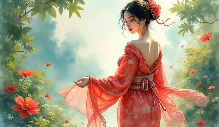 Watercolor painting in Japanese style, beautiful japanese woman with big breasts in revealing kimono, summer, wind, 