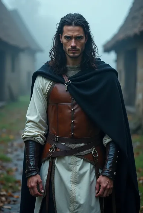 A man, white skin, very handsome, very tall, muscular, sweet face, awkward smile, detailed blue eyes, long hair, wavy hair, black hair, tied hair, white medieval tunic with a brown leather medieval breastplate and a black cape, dark medieval pants, standin...