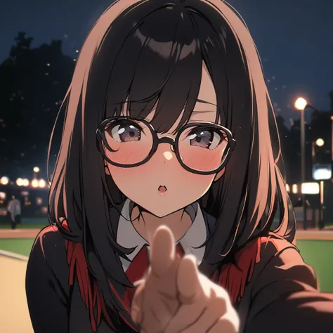 1 girl, red and black school uniform, long black hair, fringe, glasses, blushing, incoming kiss, throw, park lit up at night, High quality, incoming kiss,
