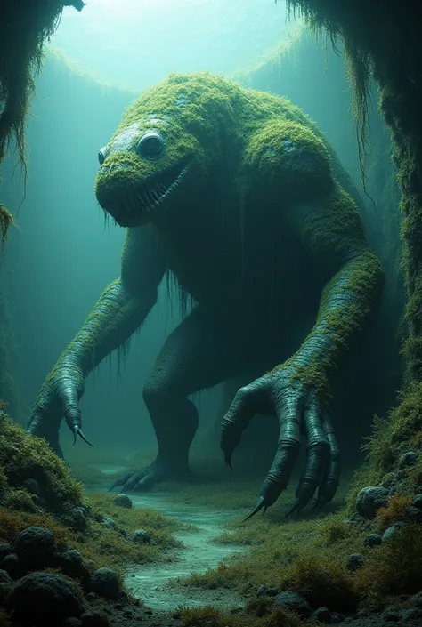 (La best quality,high resolution,Very detailed,Practical),seabed，Abandoned monster，covered in plants，Low light（ （（A masterpiece full of horror elements）））， （（best quality））， （（Intricate details））（8K）