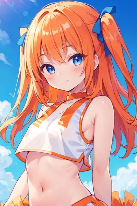 (best quality, masterpiece:1.2), ultra detailed, extremely detailed eyes and face, natural skin texture, detailed skin, natural lighting,
 chibi, 1 girl, 14-years-old, (cute),
 (two-side up), orange hair, shiny hair,
 blue eyes,
 (small breasts),
 BREAK ch...