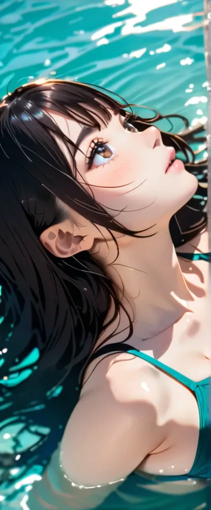 (masterpiece, highest quality:1.2), 8k, 1, 85mm, teen, A woman with black hair, long hair ,Brown eyes,Her face and chest gently rise above the surface of the water, as the rest of her body remains submerged beneath the calm sea., Bikini Swimwear,profile, S...