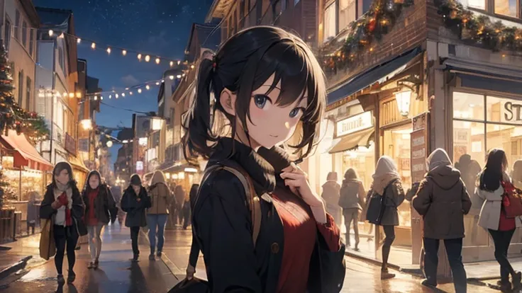 ((Best Quality)), ((masterpiece)), (detailed), One girl, cute,Beautiful,Christmas,Quiet but warm city streets