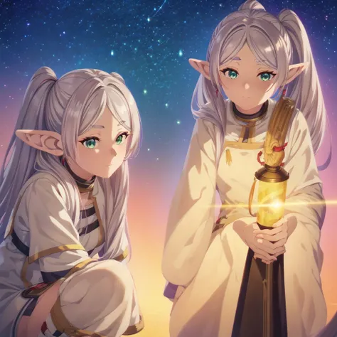 An elf girl,Twin tails with gray hair、White robes and skirts、Black tights、Brown boots,Green eyes,Parted bangs,Thick eyebrows,Beautiful Finger,Beautiful character design, Official art,Highly detailed CG Unity 8K wallpaper, Perfect Lighting,Colorful, Bright_...