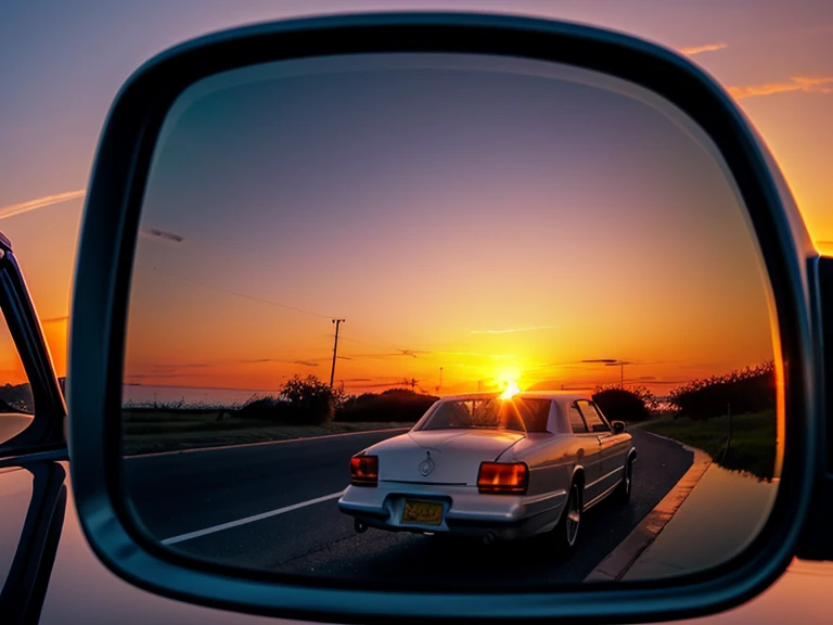 1 small side mirror, beautiful sunset reflected in side mirror. view of a side mirror with a blue sky in the background, side mirror reflection. summer setting, sunset reflected, clear view, twilight photo, hdr photo 