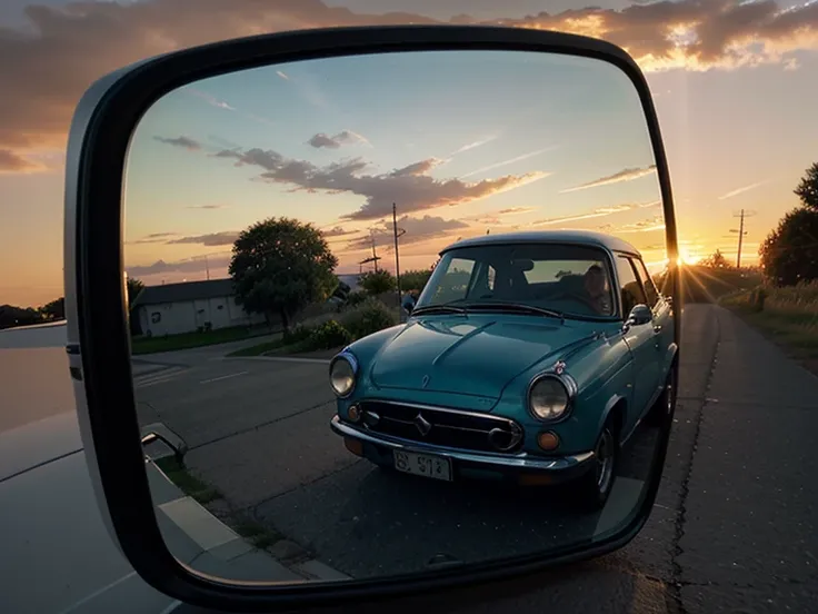 1 small side mirror, beautiful sunset reflected in side mirror. view of a side mirror with a blue sky in the background, side mirror reflection. summer setting, sunset reflected, clear view, twilight photo, hdr photo 