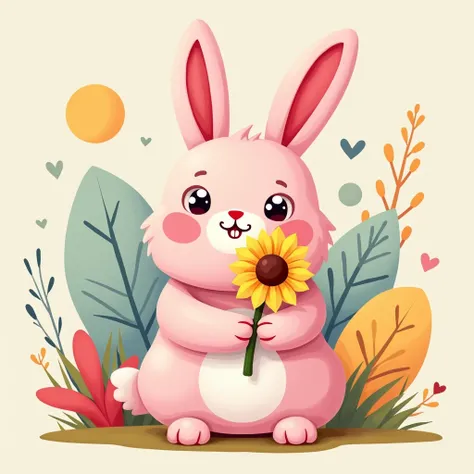 sunflower，Pink２Life-size rabbit，Pinkウサギがsunflowerを持ってる，cute，２dimension，２Life-size rabbit，ArcheAge Rabbit，animal，Abstract painting，Illustration