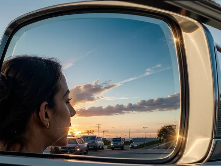 1 small side mirror, beautiful sunset reflected in side mirror. arafed view of a side mirror with a blue sky in the background, side mirror reflection. summer setting, sunset reflected, clear view 