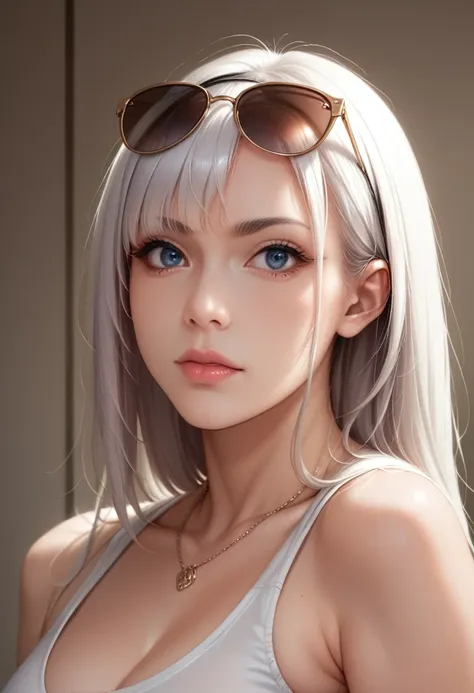 a beautiful, extremely detailed portrait of a young woman with panda-like ears, long blue and white hair with bangs, wearing sun...