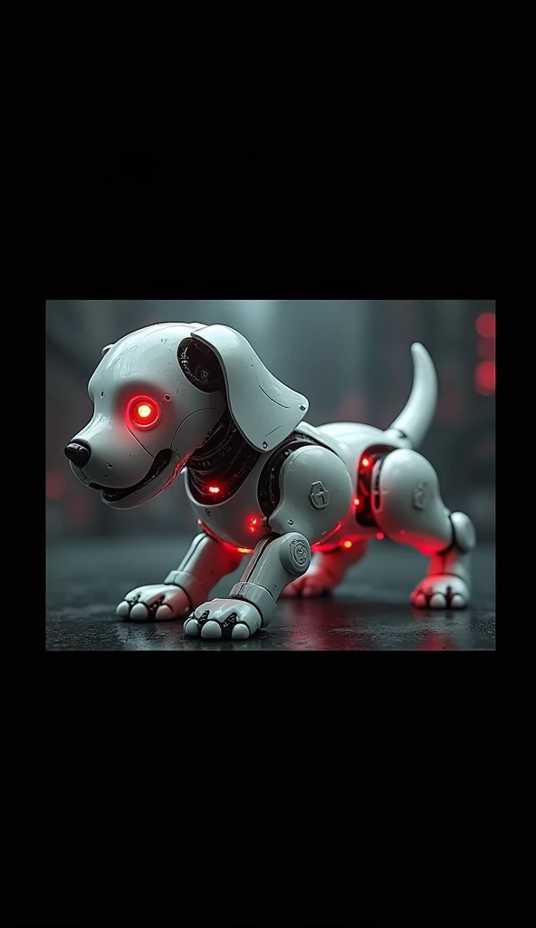 a robotic puppy, cyborg puppy, sci-fi robotic puppy, futuristic robotic puppy, mechanical puppy, dread robotic puppy, robotic puppy with glowing red eyes, highly detailed robotic puppy, incredibly realistic robotic puppy, (best quality,4k,8k,highres,master...