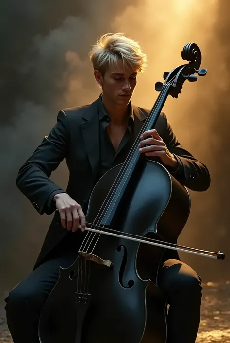  ( Exactly correct anatomy for perfect fingers )a blonde(short hair)Very detailed young handsome musician(Musician Qi Xiao)He is playing a black cello affectionately, with a dark background, golden light and thick smoke, movie lighting, the god of music, e...