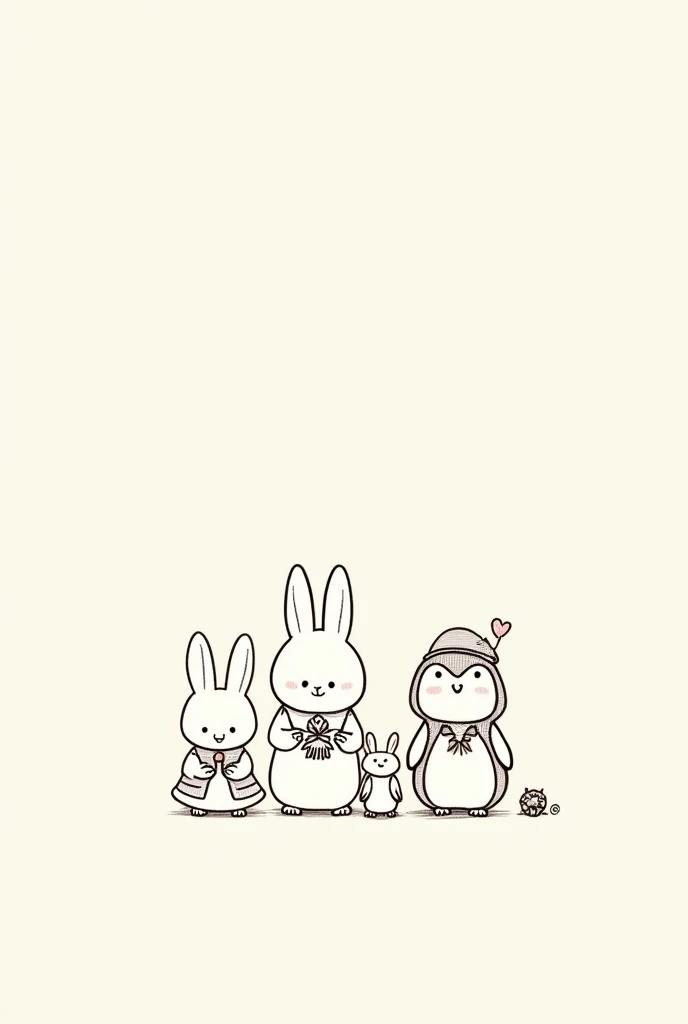 Create minimalistic line art illustrations inspired by Sylvanian Families. The characters should be anthropomorphic animals such as rabbits, foxes, and penguins, depicted in a simple, continuous line drawing style. The design should capture the charm and i...