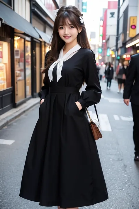 High resolution, Long Hair, chest, bangs, Brown Hair, smile, cute、
165cm、２４age、Japanese、
Black dress、Handbags、White ribbon on head