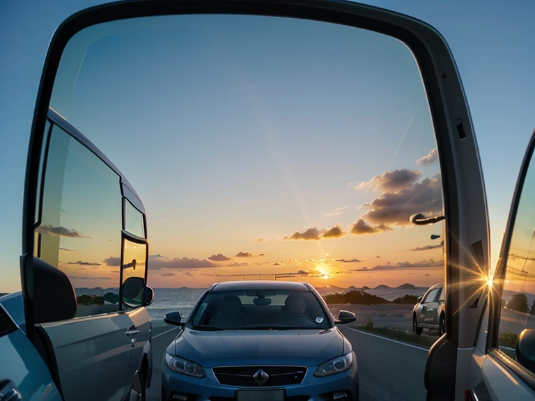 beautiful sunset reflected in side mirror. arafed view of a cars side mirror with a blue sky in the background, close up of side mirror, side mirror reflection, next to the reflecting ocean, view from behind mirror, during sunset, sunset reflected, inside ...