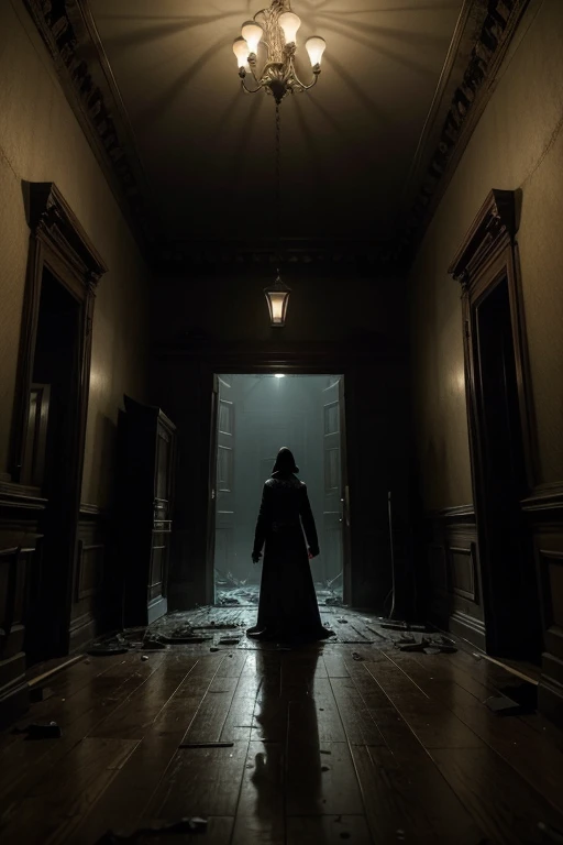 "A dark, decaying mansion at night, surrounded by thick fog. The building has broken windows, ivy covering the walls, and an eerie atmosphere. A lone figure stands at the entrance, hesitating to enter. The interior is dimly lit, with creaky wooden floors a...