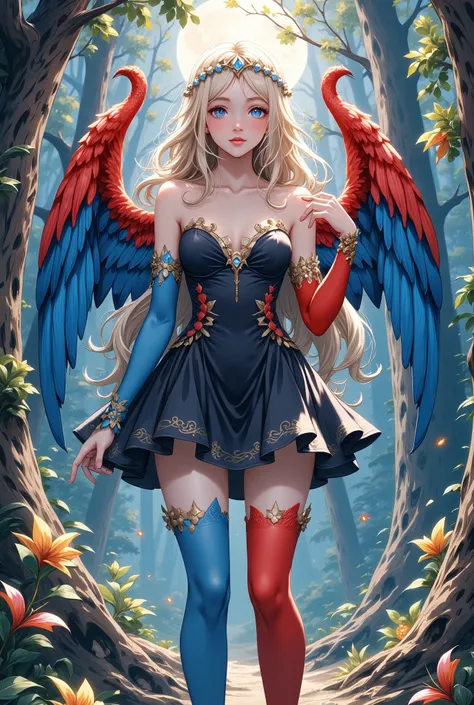 1 girl,alone,Harpyie, standing,blond hair,weave, blue eyes, Long hair,red feathers,blue feathers, Wing arms,bird legs, Short black dress,tiara, sexly, woods, moonlight
